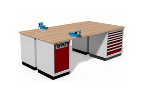 dubbele werkbankopstelling met afvalkast en bankschroef