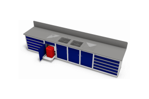 werkbank met RVS werkblad voorzien van lekroosters