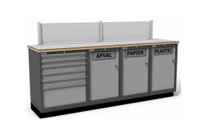 werkbank met diverse afvalkasten naar wens