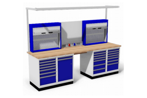 werkbank met ladekasten en gereedschapskasten