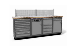 werkbank met schuifladekasten en geïntergreerde afvalkast