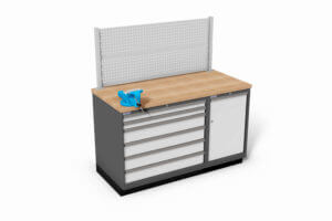 werkbank met schuifladekasten en perfowand