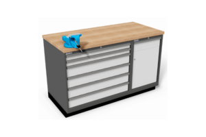 werkbank met bankschroef en schuifladekasten