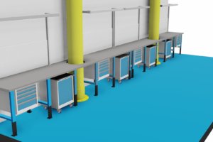 werkbank met RVS werkblad voorzien van uitsparingen voor hefarmen