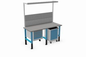 werkbank met RVS werkblad, ladeblok, gereedschapsbord en verlichting