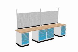 werkbank met 40 mm beuken werkblad, schuifladekast en gereedschapsbord