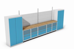 werkbankopstelling met vleugeldeurkasten, schuifladekasten e.d.