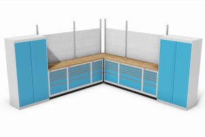 hoekopstelling met vleugeldeurkasten, schuifladekasten e.d.