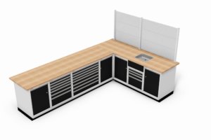 hoekopstelling met schuifladekasten, spoelbak, 40 mm beuken werkblad