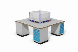 werkeiland met schuifladekasten, energiegoten en gereedschapsborden