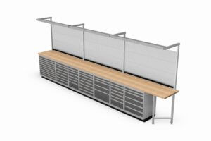 werkbankopstelling met schuifladekasten, verlichting e.d.