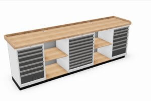 werkbank met 3-zijdig opstaande rand, schuifladekasten en open vakken