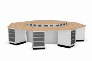 8-kantige werkbank met schuifladekasten en energiegoten