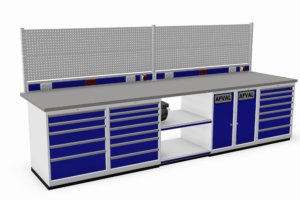 werkbank met schuifladekasten, afvalkasten, energiegoot en gereedschapsborden