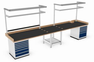 werkbank met 3-zijdige opstaande rand, verlichting e.d.